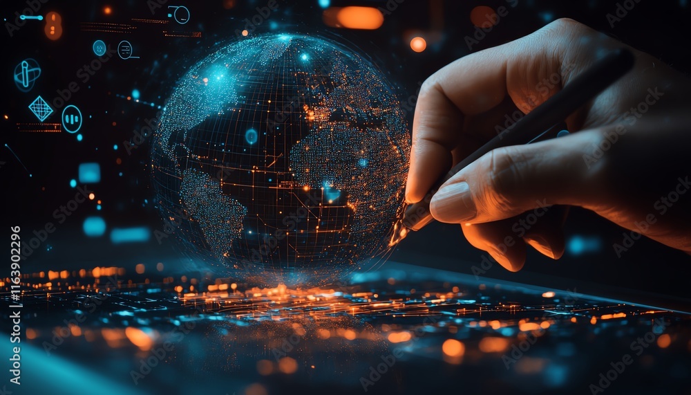Aufkleber hand with a stylus drawing on a glowing globe and floating icons, digital network concept on a blurr