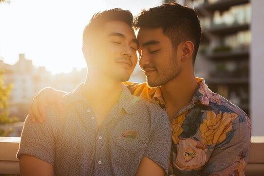 Romantic moment as two transgender men embrace on a sunny balcony for Valentine’s Day