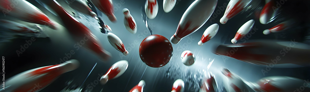 Poster bowling ball striking pins in a dynamic bottom-view action shot during a ten-pin game -