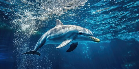Fototapeta premium A playful dolphin swimming under the water, with bubbles surrounding its path.