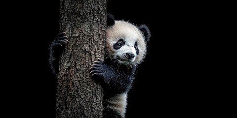 Obraz premium A playful panda bear cub climbing a tree, showcasing its curious and playful nature.