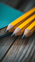 Obraz premium Yellow pencils arranged on a wooden table beside a green notebook for writing and drawing