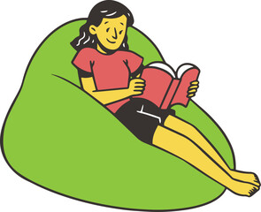 Woman Reading Book in Bean Bag Indoor Activity at Home Cartoon Illustration