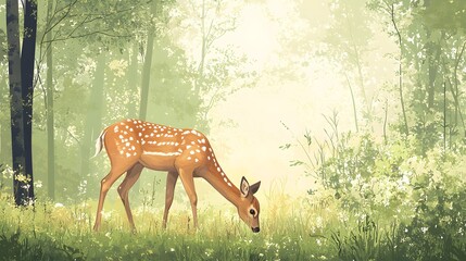 Majestic Deer Grazing Peacefully Amongst Lush Green Forest Underneath a Softly Dappled Sunlight Creating a Tranquil and Natural Atmosphere