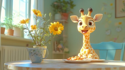 Cheerful animated giraffe enjoying breakfast in sunlit room