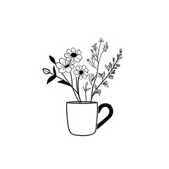 Cute flowers and leaves in coffee cup.Abstract flowers one line vector drawing. Portrait minimalist style. Botanical print. Nature symbol of cosmetics.