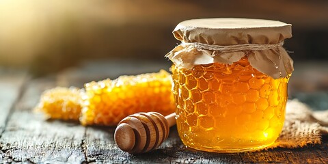 Fresh honey in a glass jar with a wooden honey dipper