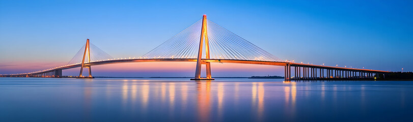Fototapeta premium Cable-stayed bridge support pylon glowing under a clear blue sky -