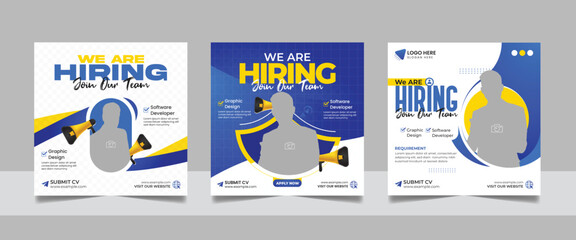 Social media hiring job vacancy digital marketing post banner template set. Business we are hiring employee square flyer design.