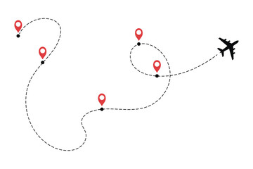 Airplane line path icon of air plane flight route dashed line trace with red start point silhouette. Airline route with many location checkpoints