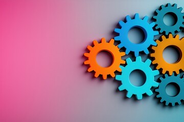 Abstract interlocking colorful gears coming together, representing unity in collaboration, on a gradient background with a designated copy space