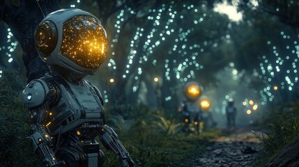 Futuristic robot in glowing forest path.