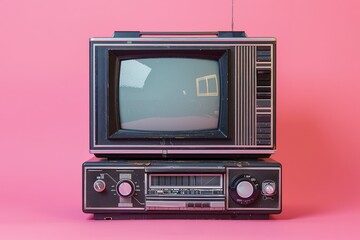 80s Retro outdated portable stereo radio cassette recorder, tv set on pink background. Attributes...