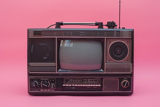 80s Retro outdated portable stereo radio cassette recorder, tv set on pink background. Attributes 80s, retro media, entertainment
