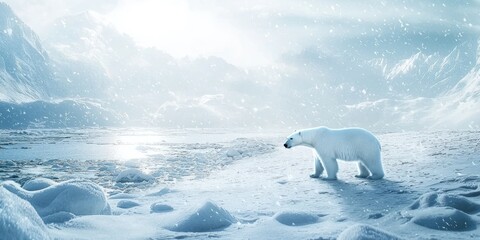 A polar bear standing on a snow-covered landscape, its white fur blending with the winter surroundings.