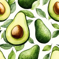 Seamless watercolor pattern of whole and sliced avocados with green leaves, featuring a fresh and vibrant artistic design