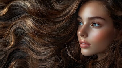 Obraz premium Portrait of a Beautiful Woman with Long Brown Hair Radiating Confidence and Graceful Elegance in a Soft Natural Light Setting Emphasizing Her Beauty