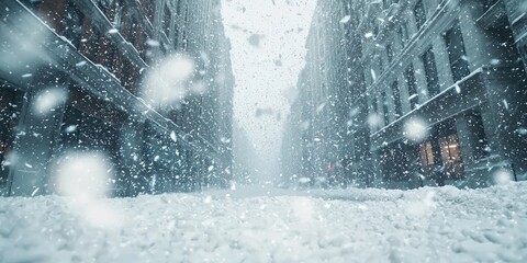 A powerful snowstorm swirling through a city street, with snowflakes flying in all directions.
