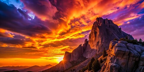 Fototapeta premium Majestic Rock Wall Mountain Silhouette at Sunset - Dramatic Landscape Photography
