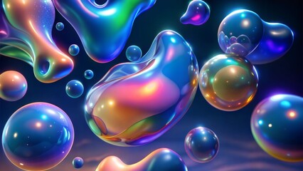 blob shapes fluid holographic effect dark background 3d liquid splash rainbow color gasoline spill bubble