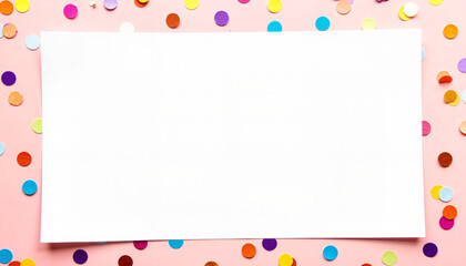 Blank white paper on pink background with colorful confetti