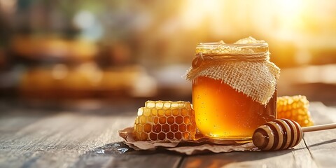 Fresh honey in a glass jar with a wooden honey dipper
