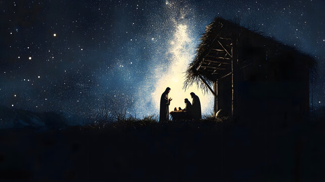 The Nativity. Silhouette of the Holy Family in the stable during the starry night. Digital illustration.