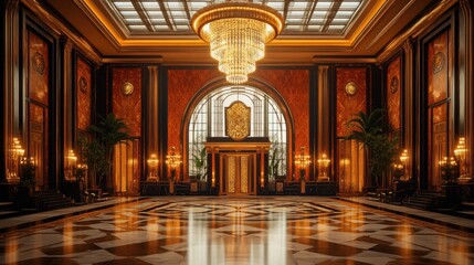 Fototapeta premium Grand opulent hall, marble floor, golden chandelier.