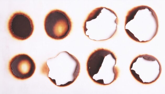 Burnt Paper Holes Pattern on White Background with Singed Edges, Circular Burn Marks, and Torn Areas Depicting Fire Damage, Creative Texture for Abstract Designs, Art Projects, and Conceptual Ideas