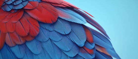 Fototapeta premium Close-up of vibrant red and blue parrot feathers against a light blue background.
