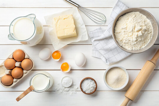Baking background. Ingredients for the dough - Milk, eggs, flour, sour cream, butter, salt and different tools. On a white wooden background. Free space for text. Top view - Powered by Adobe