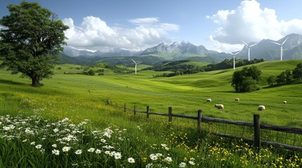 Serene Field with Grazing Sheep