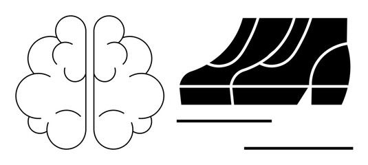 Brain outline beside stylized walking shoes, lines beneath. Ideal for mental health, physical activity, creativity, mindfulness, wellness, brain-body connection motivation. Abstract line flat