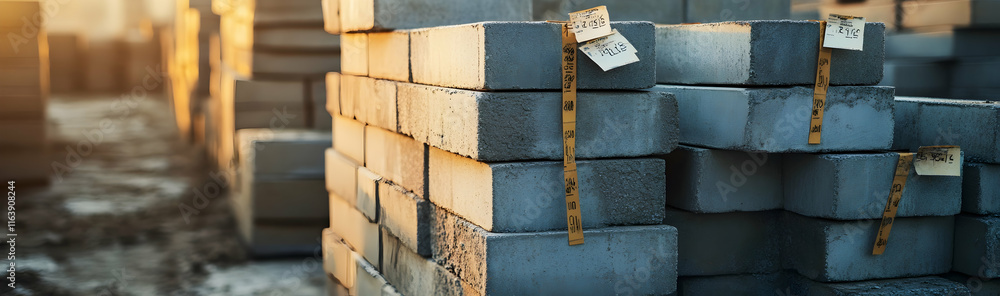 Poster concrete foundation blocks with price tags stacked for a construction project -