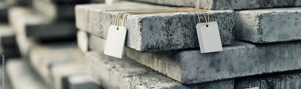 Poster concrete foundation blocks with price tags stacked for a construction project -