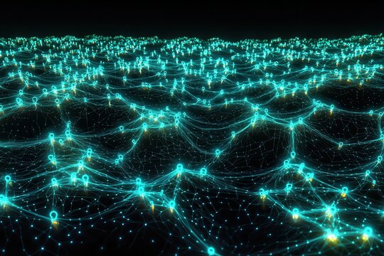 A 3D rendering of a vast, interconnected web of glowing nodes, representing people across the globe