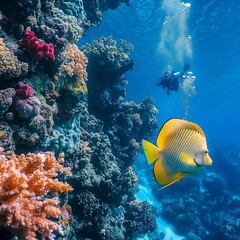 Obraz premium Vibrant Coral Reef with Yellow Fish and Diver