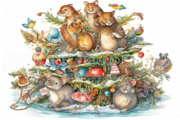 a group of cute mice decorated and located among the branches of a Christmas tree.  