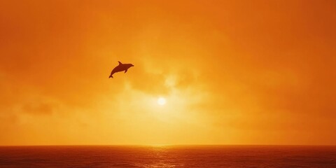 Fototapeta premium A silhouette of a dolphin jumping against a bright orange sunset sky, with the ocean below.