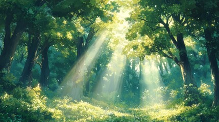 Obraz premium Enchanted Evergreen Forest Clearing with Sun Rays - Whimsical Cartoon Style Illustration