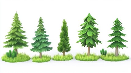 Fototapeta premium Colorful Cartoon Evergreen Trees on White Background for Banner Designs