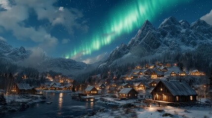 Fototapeta premium Snowy Village Under Green Aurora
