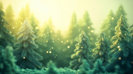 Enchanted Evergreen Forest with Whimsical Details and Soft Light Effects Cartoon Style Banner Space