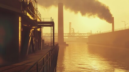 Obraz premium Industrial Scene with Smoky Emissions at Sunset