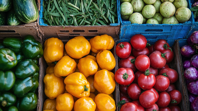 Colorful Display of Fresh Vegetables at a Farmers Market with Selective Focus on Bell Peppers, Tomatoes, and Green Beans in Wooden Crates