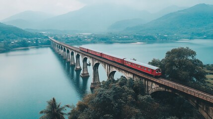 Obraz premium Scenic Train Journey Across a Majestic Bridge