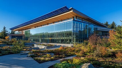 Fototapeta premium Sustainable Modern Building with Solar Panels and Lush Landscaping