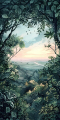 Fototapeta premium forest canopy at eye level looking out at the horizon over an endless forest with a beautiful sunrise off in the distance, realistic watercolor illustration,. 