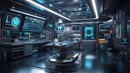 Futuristic control room with advanced technology and monitors.