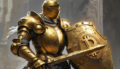 Golden bitcoin knight to protect digital gold, crypto currency, crypto trading, bitcoin hype, high bitcoin demand and price